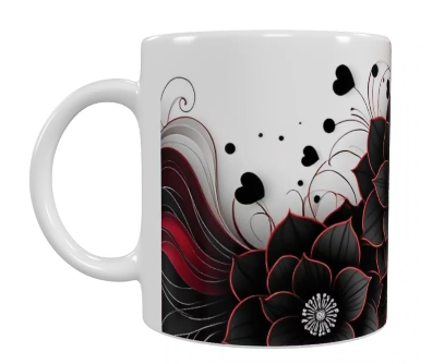 Keramik-Tasse mit Schwarzem & Rotem Blumenmotiv (330 ml)