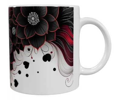 Keramik-Tasse mit Schwarzem & Rotem Blumenmotiv (330 ml)
