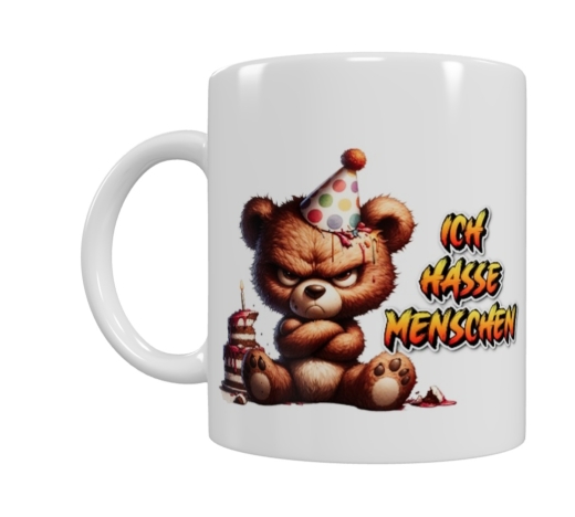 Grimmiger Teddy Keramik-Tasse – „ICH HASSE MENSCHEN“ (330 ml)