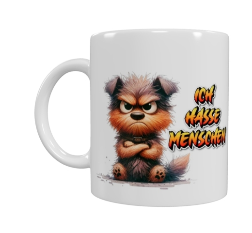 Grummeliger Hund Keramik-Tasse – „ICH HASSE MENSCHEN“ (330 ml)