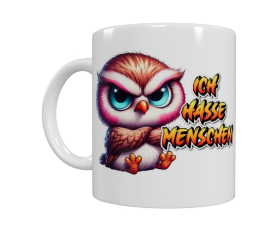 Wütende Eule „Ich hasse Menschen“ – Keramik-Tasse (330 ml)