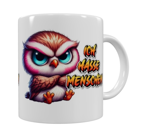 Wütende Eule „Ich hasse Menschen“ – Keramik-Tasse (330 ml)