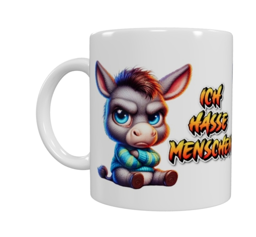 „Ich hasse Menschen“ Keramik-Tasse – Freches Esel-Motiv (330 ml)