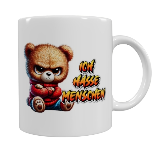 Grimmiger Teddybär Keramik-Tasse – „Ich hasse Menschen“ (330 ml)