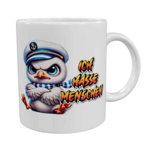 Frecher Möwen-Look – „Ich hasse Menschen“ Keramik-Tasse (330 ml)