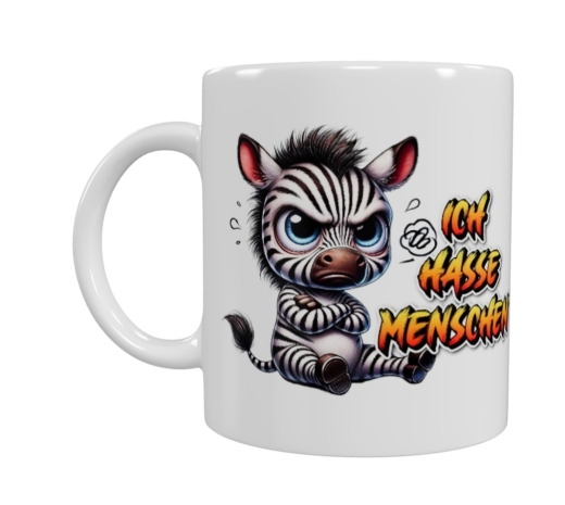 Freches Zebra Motiv Keramik-Tasse – „Ich hasse Menschen“ (330 ml)