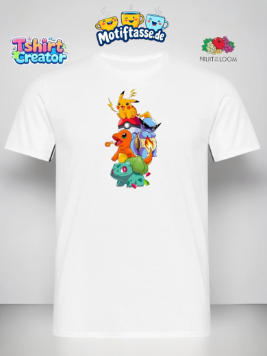 Pokémon Starter Trio T-Shirt – Pikachu, Glumanda, Schiggy & Bisasam im coolen Stack