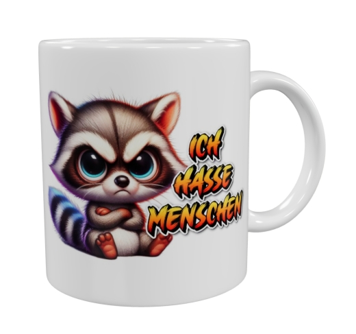 Frecher Waschbär „Ich hasse Menschen“ – Keramik-Tasse (330 ml)