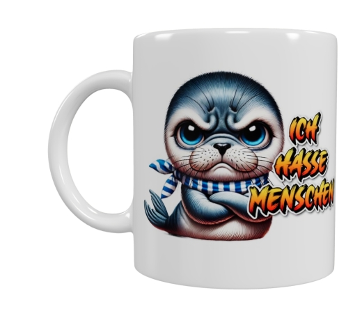 Frecher Robben-Charakter – „Ich hasse Menschen“ Keramik-Tasse (330 ml)