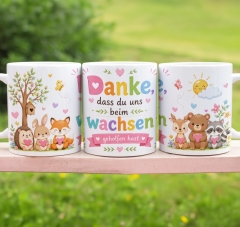 Keramik-Tasse „Danke, dass du uns beim Wachsen geholfen hast“ – 330 ml